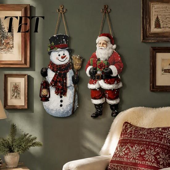 Vintage Style Christmas Decoration Door Welcome Sign, Rustic Santa Claus Snowman Wooden Foldable Hanging Wood Sign Wreath, Farmhouse Decorative Hanger