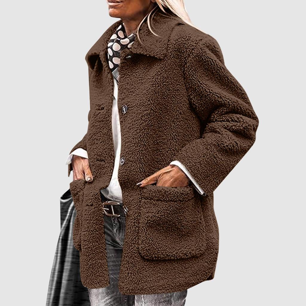 Women's Winter Coats Long Sleeve Lapel Button Down Pockets Fleece Jacket Casual Trendy Outerwear