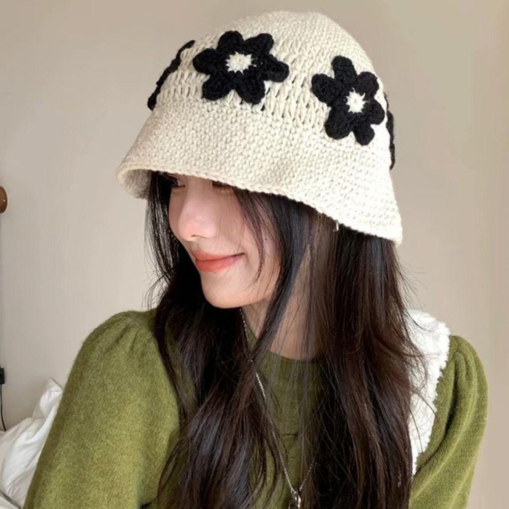 Korean Style Crochet Flower Knitted Hat Sweet Bucket Hat Cute Beanies Hat  Girls