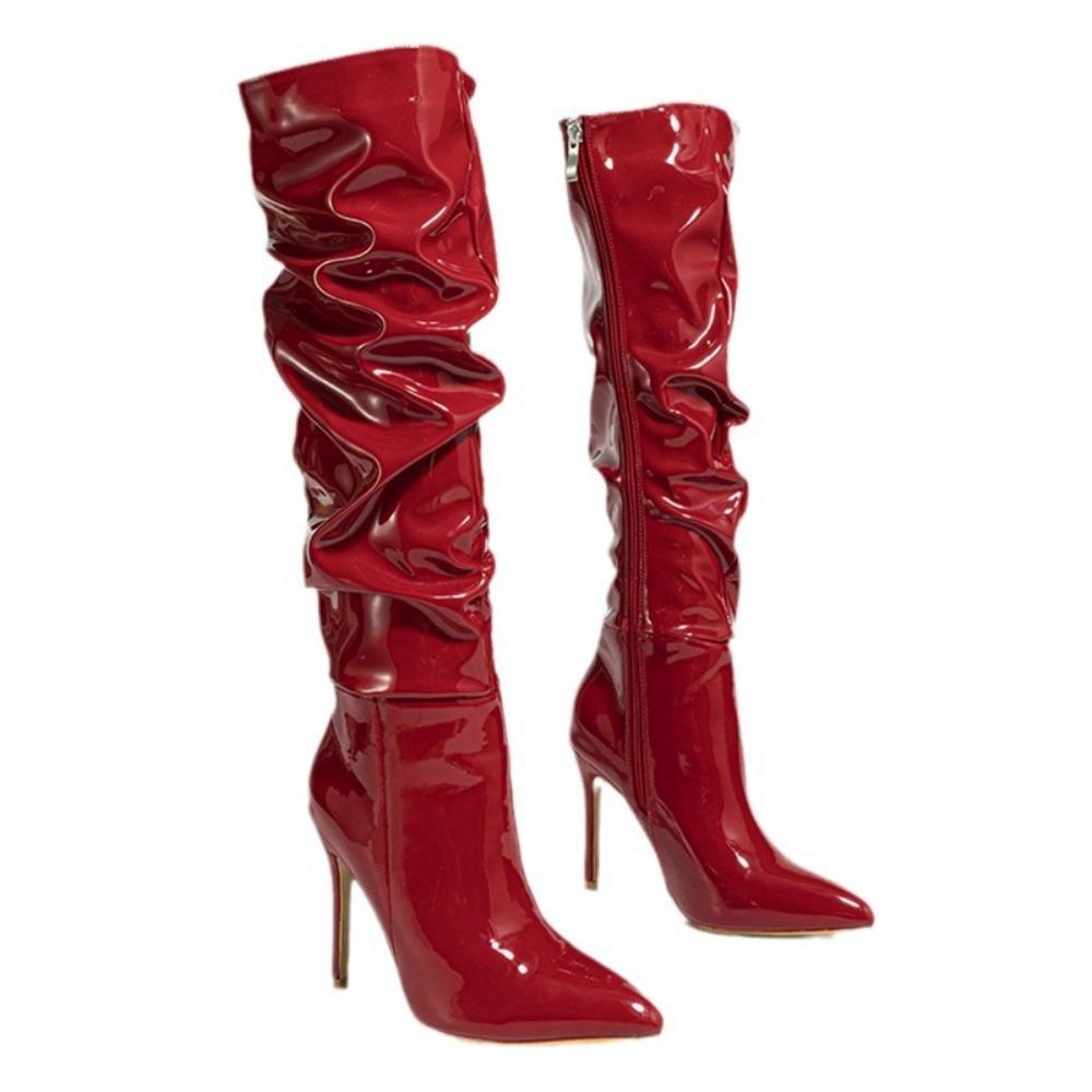 Sexy Women Knee Boots Pointed Toe Girls High Heel Boots Pleated Patent Leather Zip Shoes