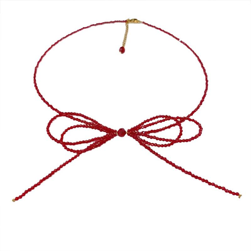 Female Red Beads Ins Style Necklace Accessories High Class Red Bow White Necklace Choker Clavicle Chain