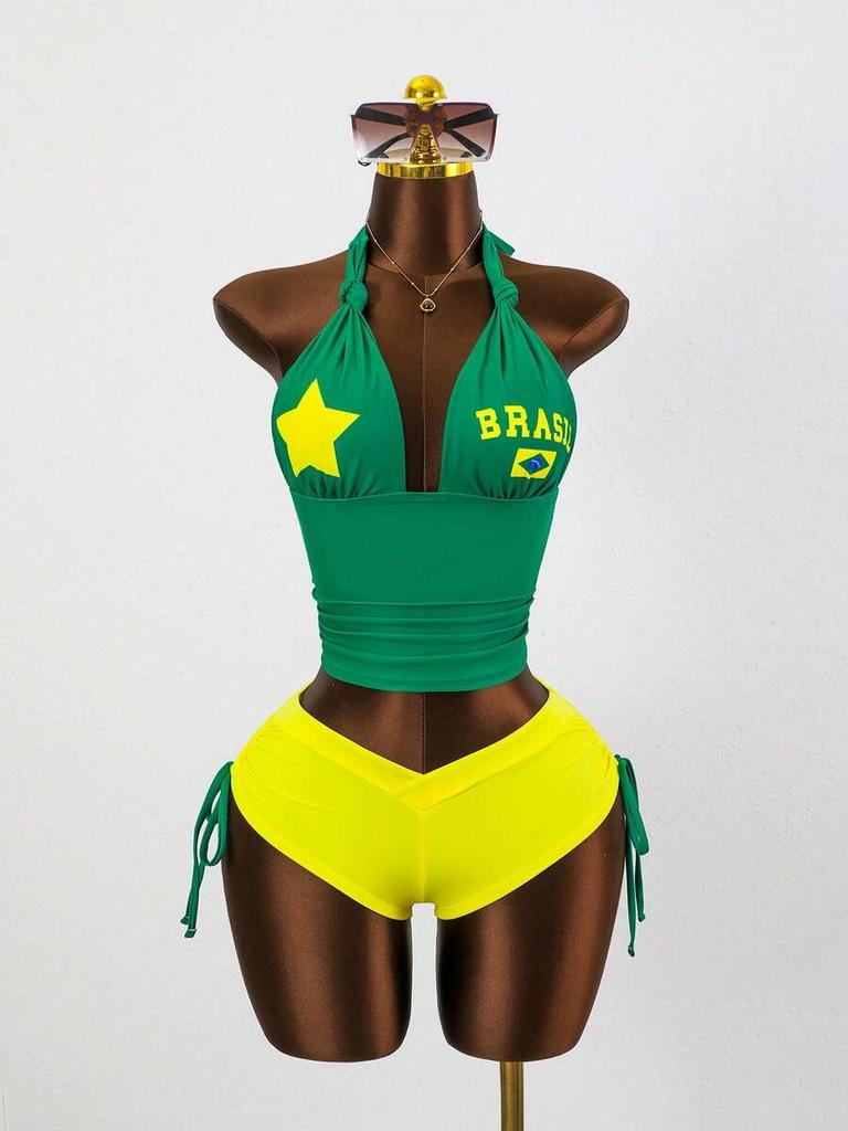 Summer American Streetwear Trendy Halter Neck Sleeveless Short Brazilian Print Fitted Slimming Top and Shorts Set