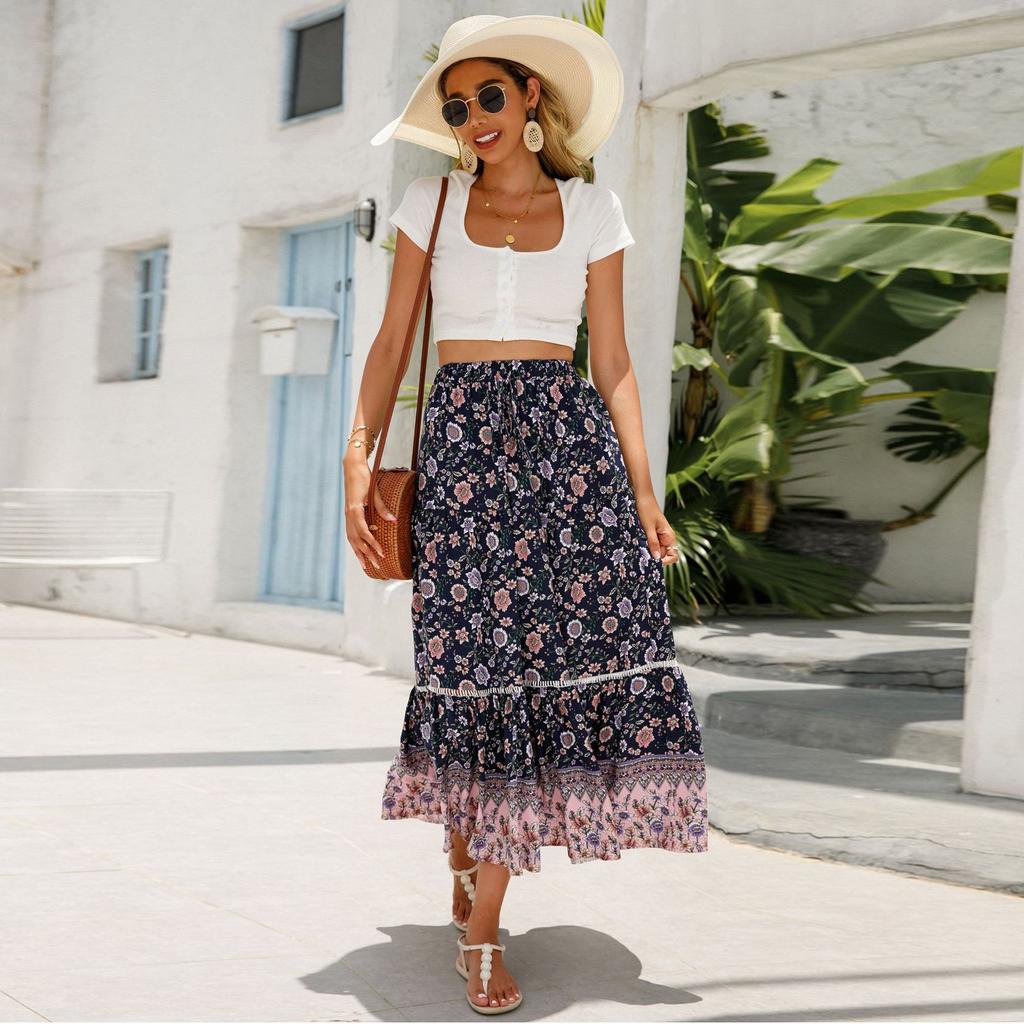 Женские юбки макси с цветочным принтом, летние платья-трубы, длинная плиссированная пляжная юбка А-силуэта
