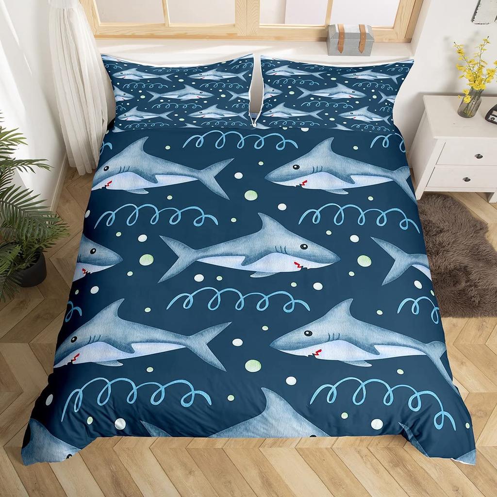 Пододеяльник с изображением акулы, комплект постельного белья с изображением глубоководных животных, мультяшные акулы океана, красочный нарисованный вручную пододеяльник для детей, мальчиков и девочек
