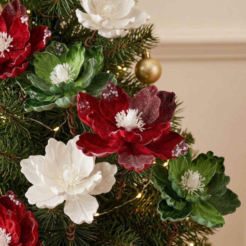 Lifelike Flocked Christmas Magnolia Flowers Christmas Tree Floral Pick Table Centerpiece