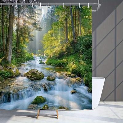 Занавеска для душа Waterfall Serenity - Различные стили оформления ванной комнаты, Страстные к зеленой природе и рассвету
