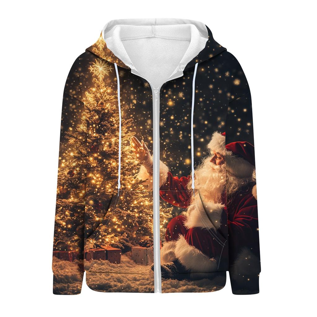 Женская рождественская печатная толстовка, зимняя куртка-кардиган с длинными рукавами и карманами, на молнии, толстовка с капюшоном, верхняя одежда