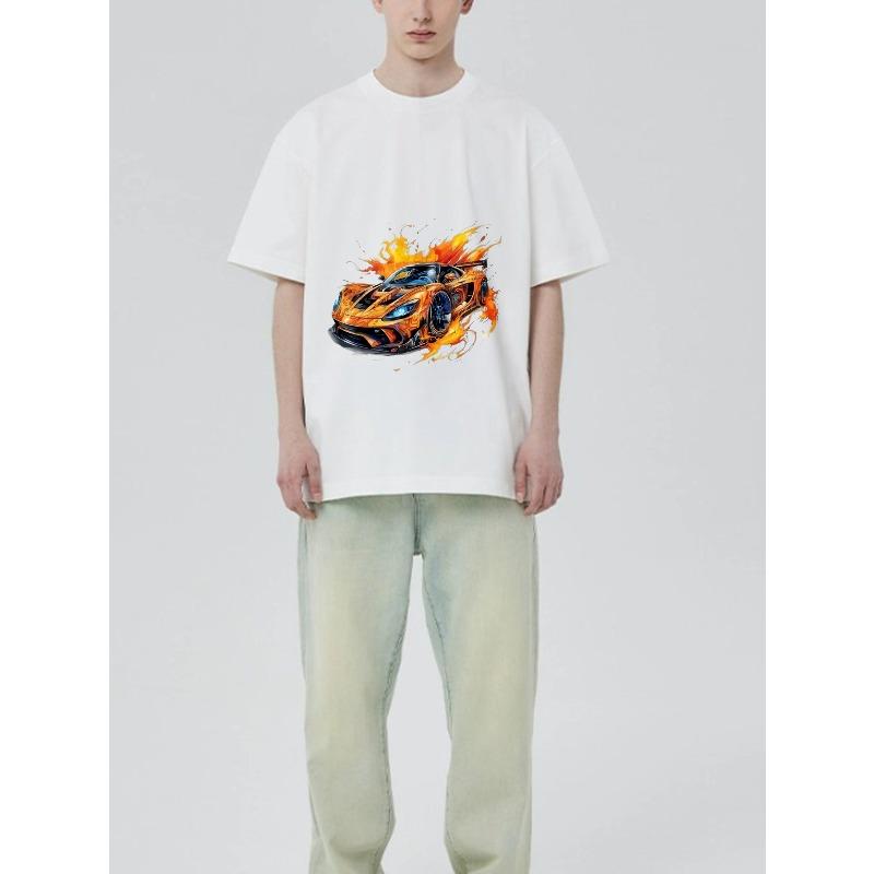 Черная футболка с принтом гоночного автомобиля с пламенем для повседневной носки