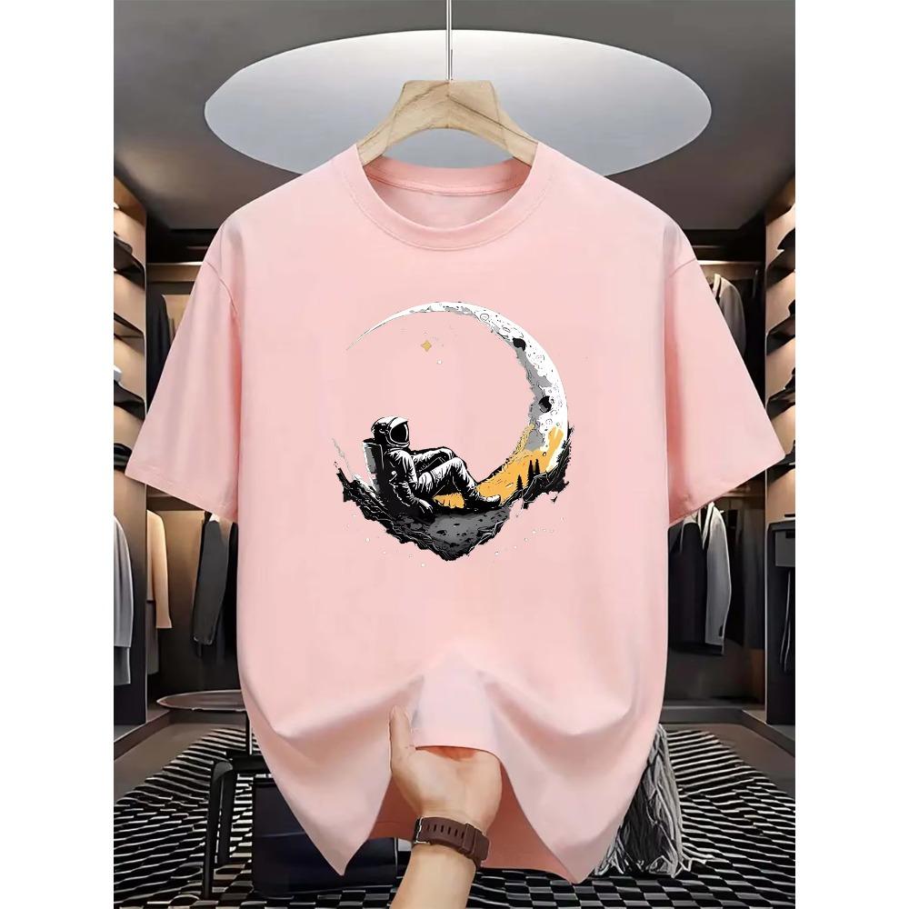 Летняя мужская футболка из 100% чистого хлопка, повседневная, свободного кроя, с принтом «Астронавт, входящий на Луну», удобная, с круглым вырезом и короткими рукавами
