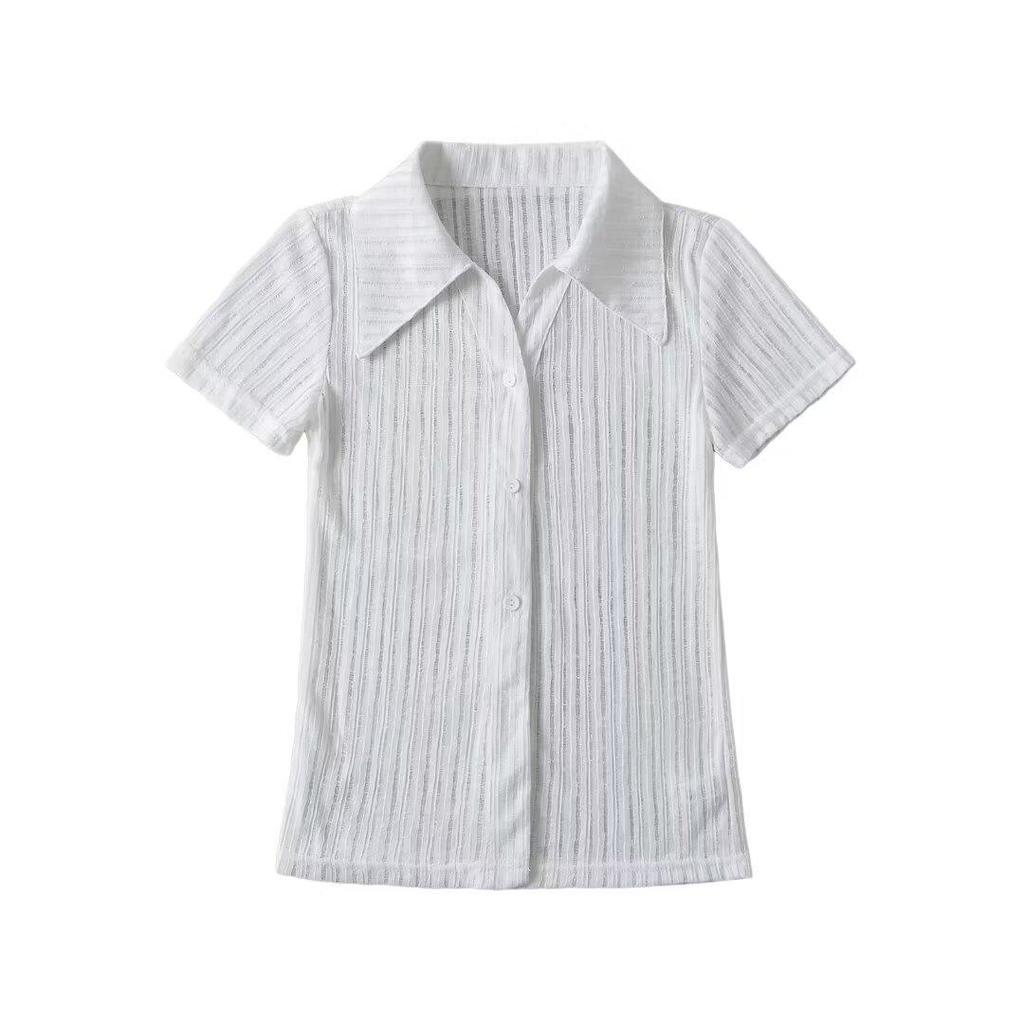 2024 Летний приталенный кардиган с воротником поло и короткими рукавами в рубчик для женщин - европейский и американский стиль горячей девушки