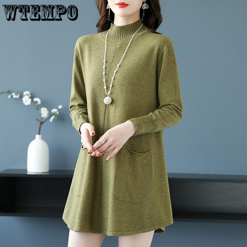 Свитер с полувысоким воротом большого размера, свободный и повседневный пуловер средней длины для женщин, однотонное вязаное платье А-силуэта
