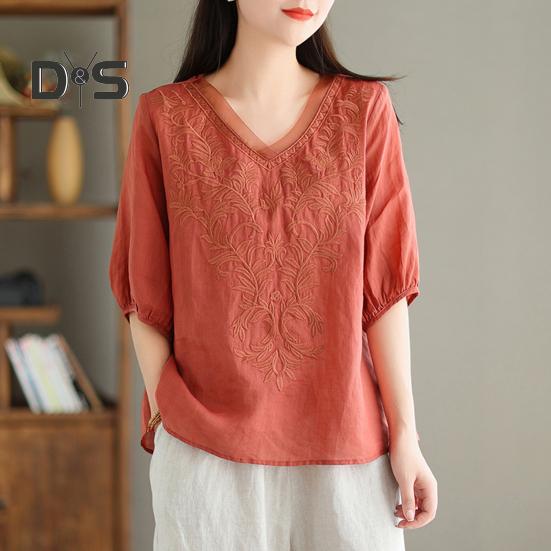 Women Summer Tops V-neck Half Sleeve Embroidery Pattern Pullover Tops Solid Color Loose Fit Commuting Style Tops