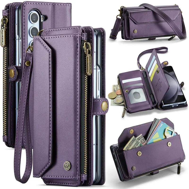 CaseMe Кожаный чехол-книжка для Samsung Galaxy Z Fold 7 5G 6 5 4 3 S26 Ultra S25 Edge S24 FE S23 S22 S21 S20 Plus Note 20 Кошелек на молнии Чехол-кардхолдер