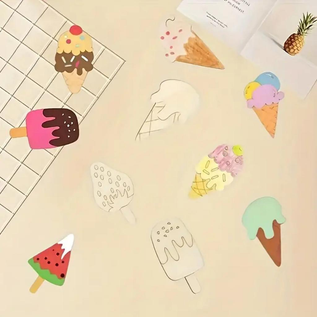 16 Pieces Unfinished Summer Ice Cream Wooden Cutouts, 8 Styles Ice Cream Wood Slices Blank Wooden Paint Crafts Summer DIY Crafts Home Decoration