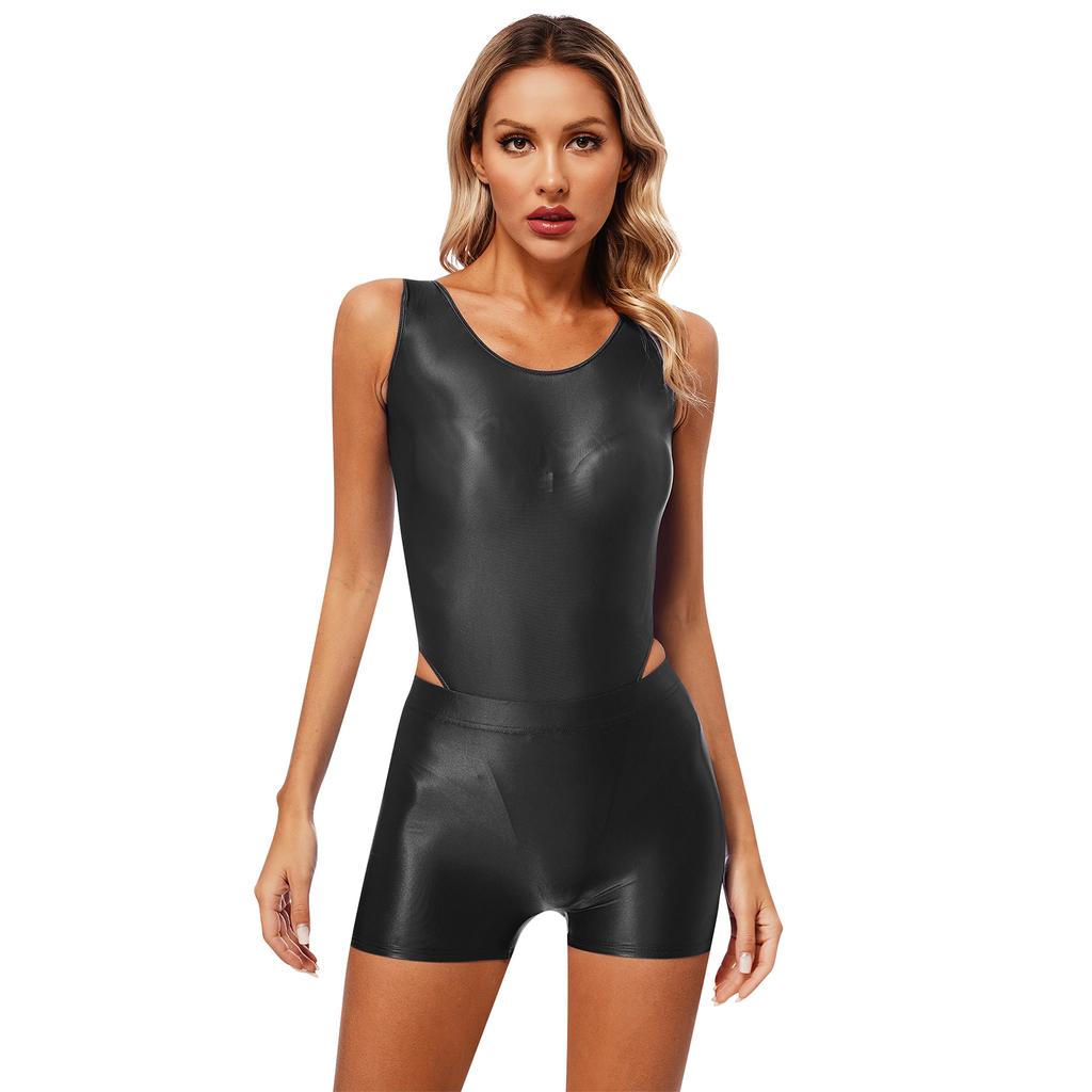 Womens Glossy Swimsuit Two Piece Swimwear Sleeveless Bodysuit Mid Waist Shorts Yoga Fitness Swimming Suit