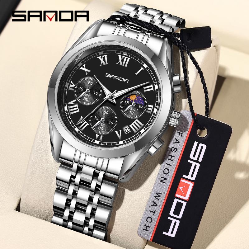 SANDA New Stainless Steel Quartz Movement Men Watches Fashion Rome Scale Luxury Waterproof Luminous Date Man Sports Timing Watch