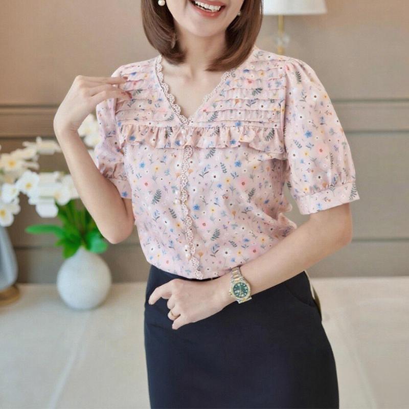 ZANZEA Женская повседневная летняя блузка с V-образным вырезом и коротким рукавом с цветочным принтом