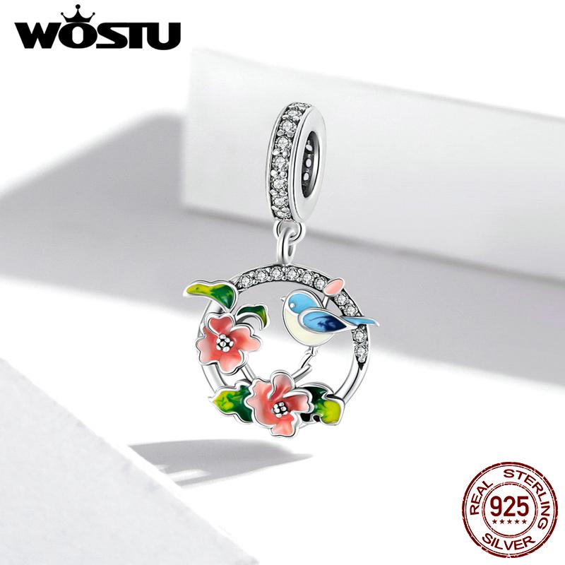 WOSTU Разноцветные птицы, цветы, листья, подвеска с фианитом, весенняя подвеска, подходит для оригинального браслета, ювелирные аксессуары, изготовление своими руками