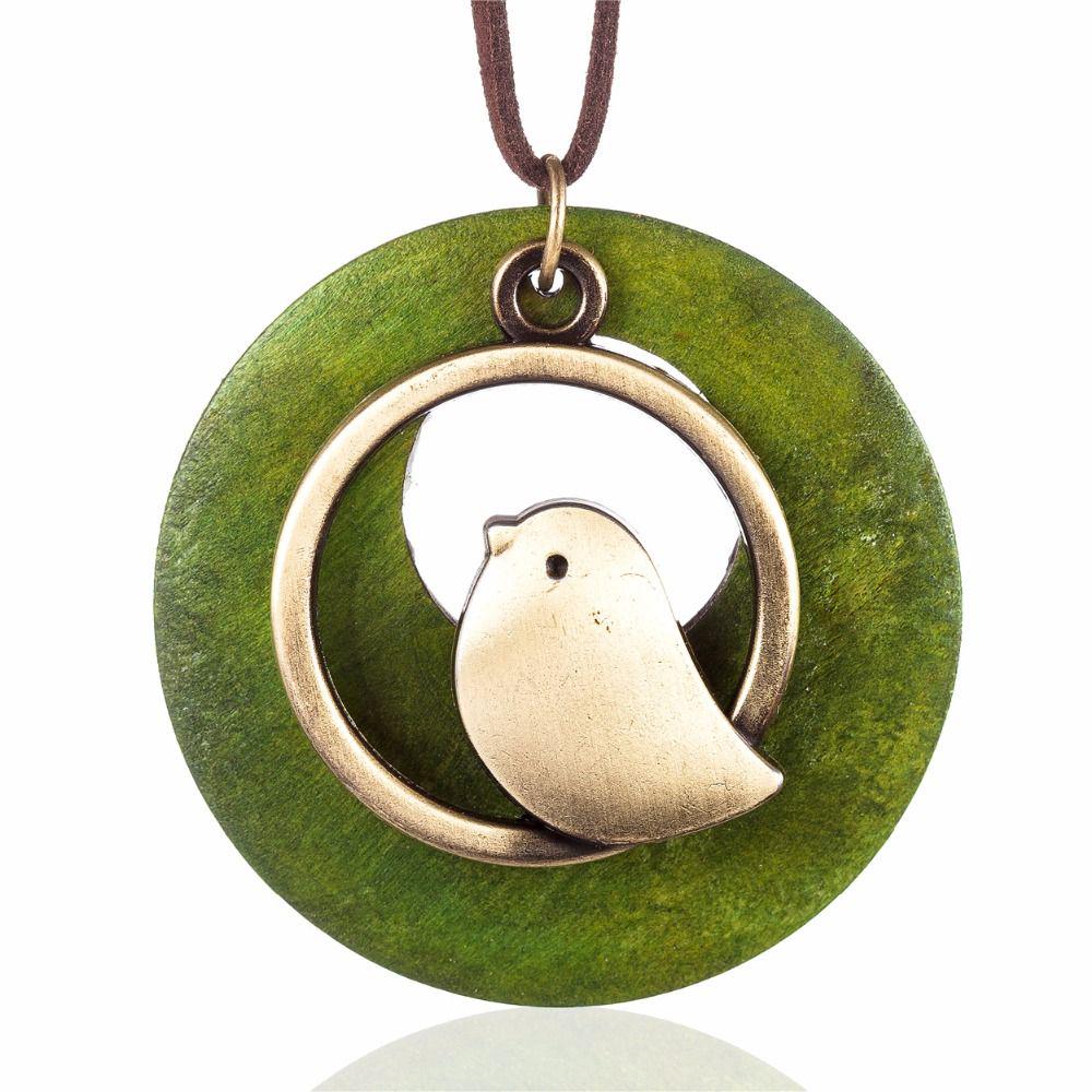 Unisex Bohemia Handmade Velvet Chain Bird Pendant Wooden Necklace
