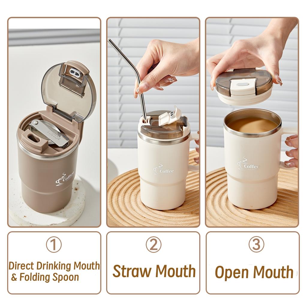 WORTHBUY 304 Stainless Steel Mug Double Layer Insulated Coffee Cup With Spoon&Strainer Leak-proof Thermal Cup For Student Kids