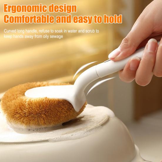 Pot Brush Ergonomic Long Handle Coconut Palm Bristles Cleaning Brush Multifunctional Kitchen Cleaning Tool