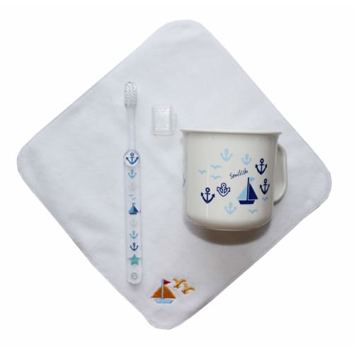 Yacht 3-Piece Children's Toothbrush Set (Toothbrush with Cap, Heat-Resistant Cup, Imabari Towel Handkerchief)