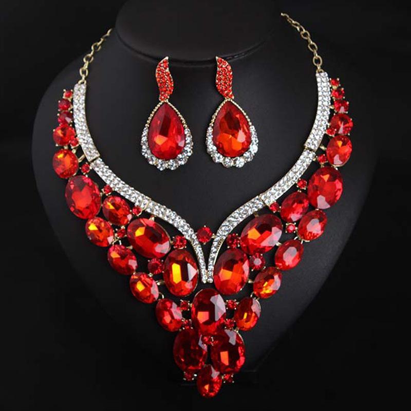 Exaggerated Crystal Glass Necklace Earrings Set Dress Banquet Women'S Accessories
