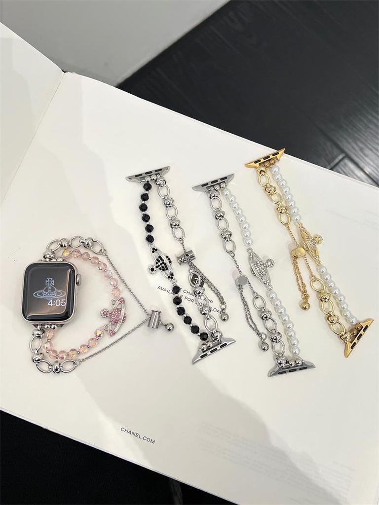 Элегантный металлический браслет королевы-матери для Apple Watch 10, 9, SE, 8, 7 — с цепочкой из 654 бусин.
