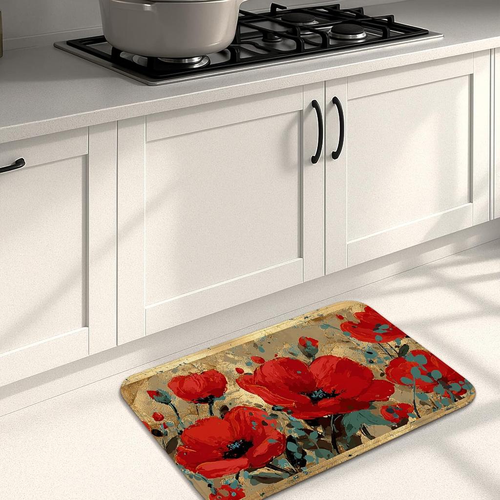 Red Poppy Flower Kitchen Mat Non Slip Soft Anti Fatigue Floor Rug Vintage Floral Decor for Home 16x24 Inch