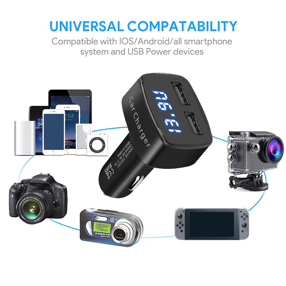 Двойное USB 4 в 1 автомобильное зарядное устройство DC 5V 3.1A с вольтметром/термометром/амперметром, цифровым дисплеем, тестером, адаптером для HUAWEI XIAOMI