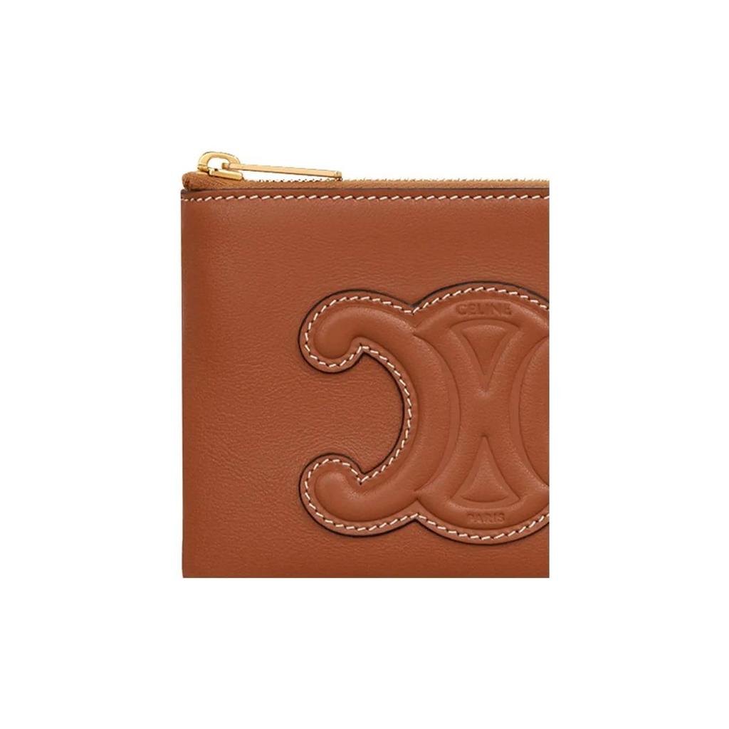 CELINE Celine Arc de Triomphe Large Logo Embossed Zipper Closure Smooth Leather Coin Purse Card Holder Wallet for Women Tan