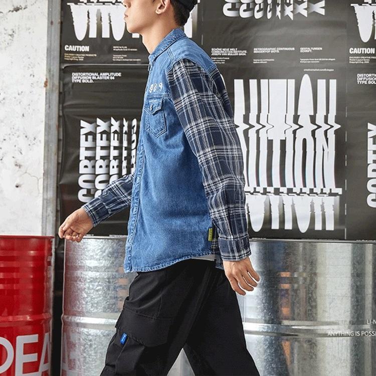 Li-Ning Рубашка в стиле пэчворк из денима свободного покроя, рубашки унисекс, синяя ASHR087-1