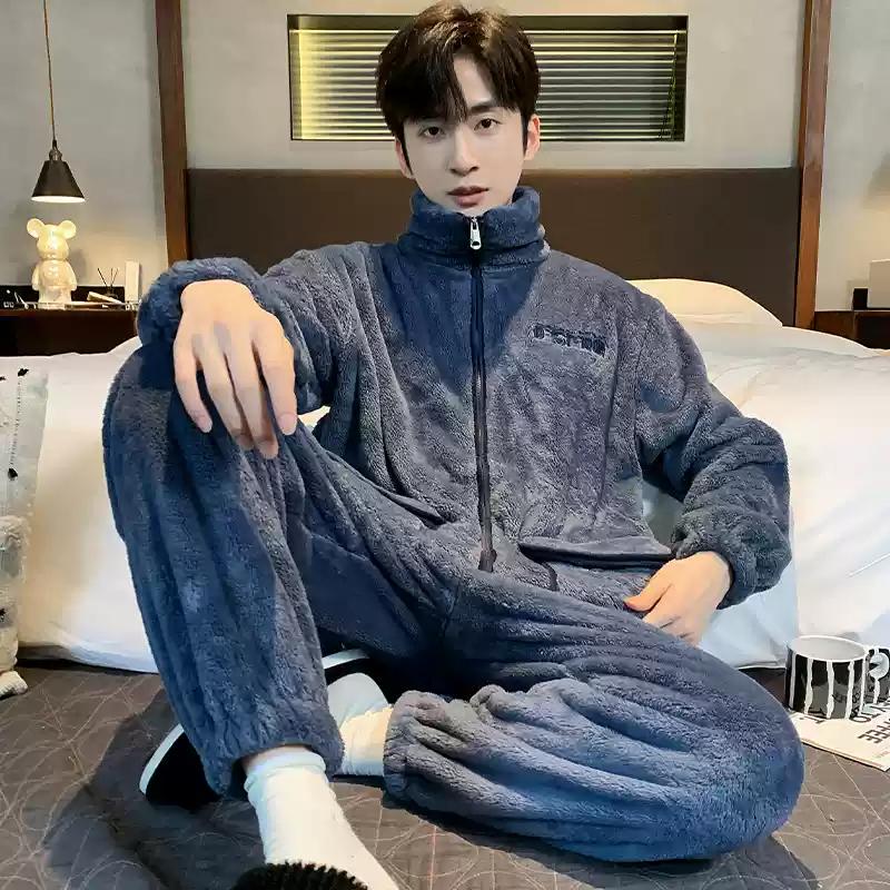 Зимняя мужская фланелевая утепленная теплая пижамная одежда с застежкой-молнией, брюки с длинным рукавом, домашняя одежда для молодых мальчиков, пижамы