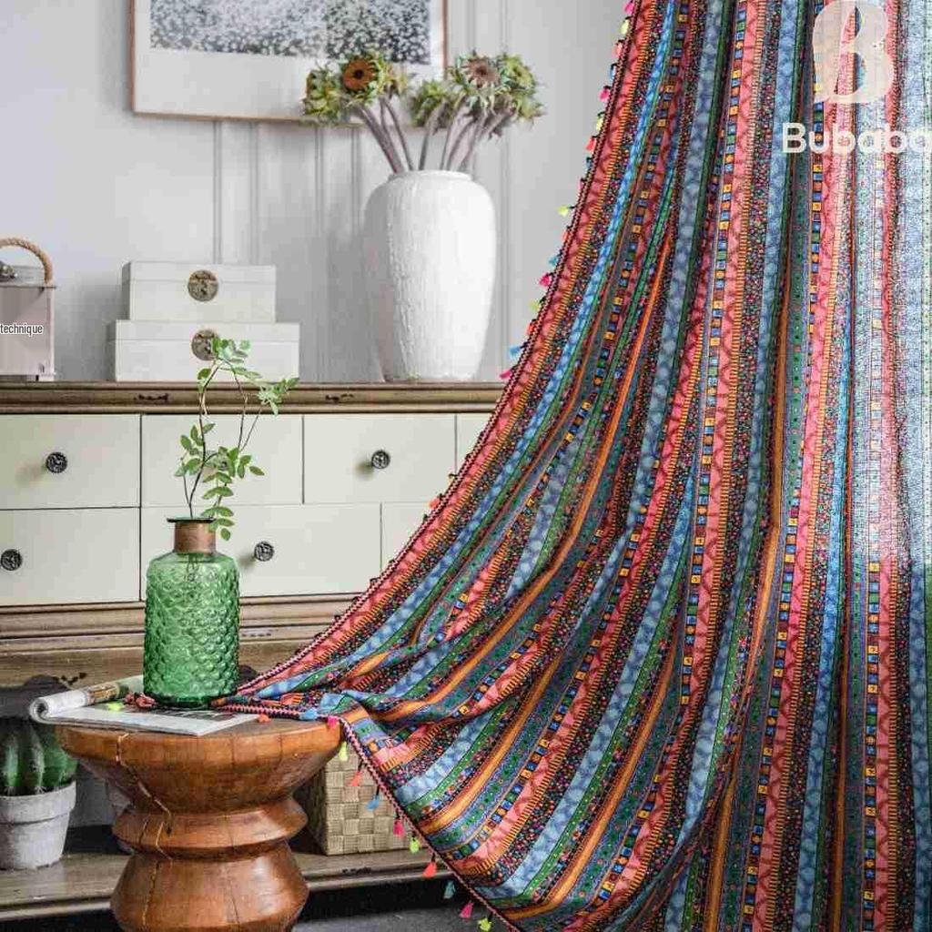 Красные богемные полосатые хлопково-льняные шторы для гостиной - Ретро стиль