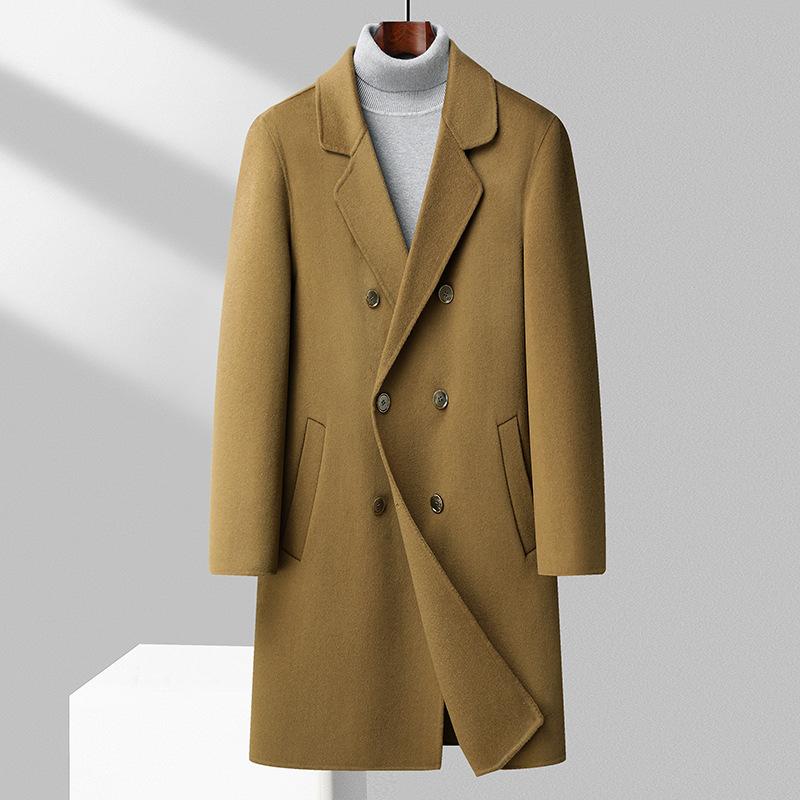 Wool Coat Trench Coat Men's Youth Korean Version Long Double-breasted Hand-sewn Double-sided Woolen Coat Coat