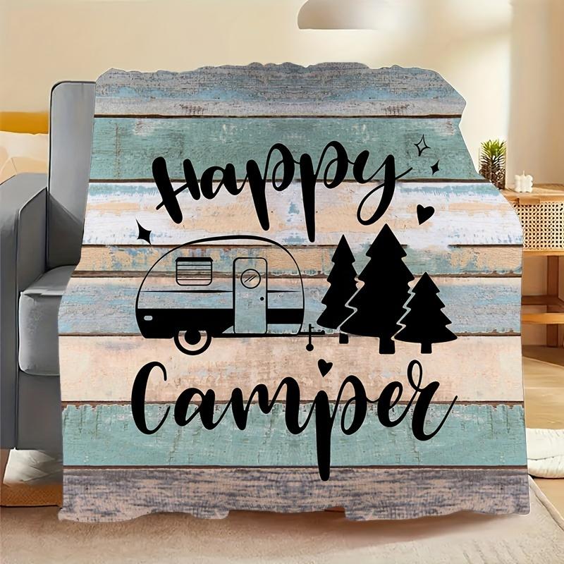 Cozy Flannel Throw Blanket Featuring a Happy Camper Design, Machine Washable, Crafted with Quilted Details, Digitally Printed, V