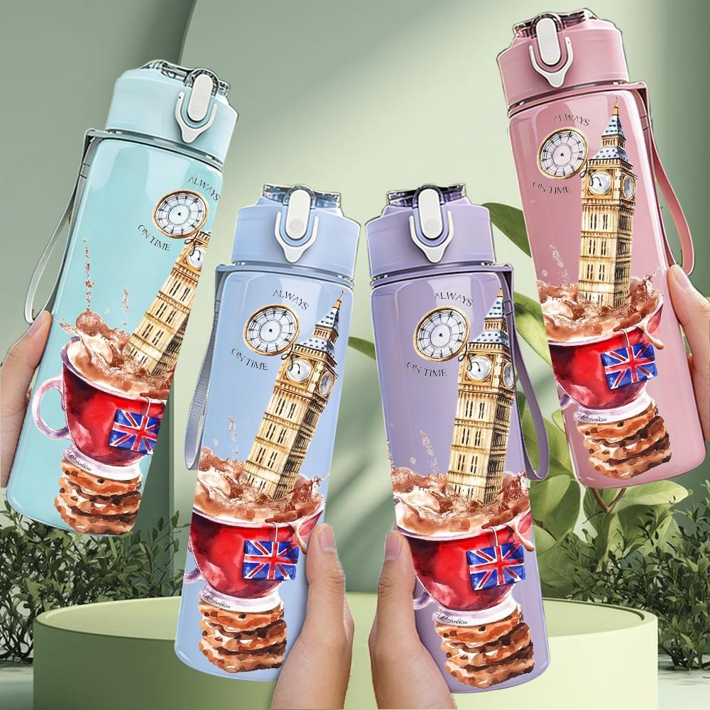 1PC Waffle Ice Cream Dessert Pattern 750ml Color Plastic Sports Water Bottle Leakproof Flip Straw Lid Suitable for Sports Office Home Use
