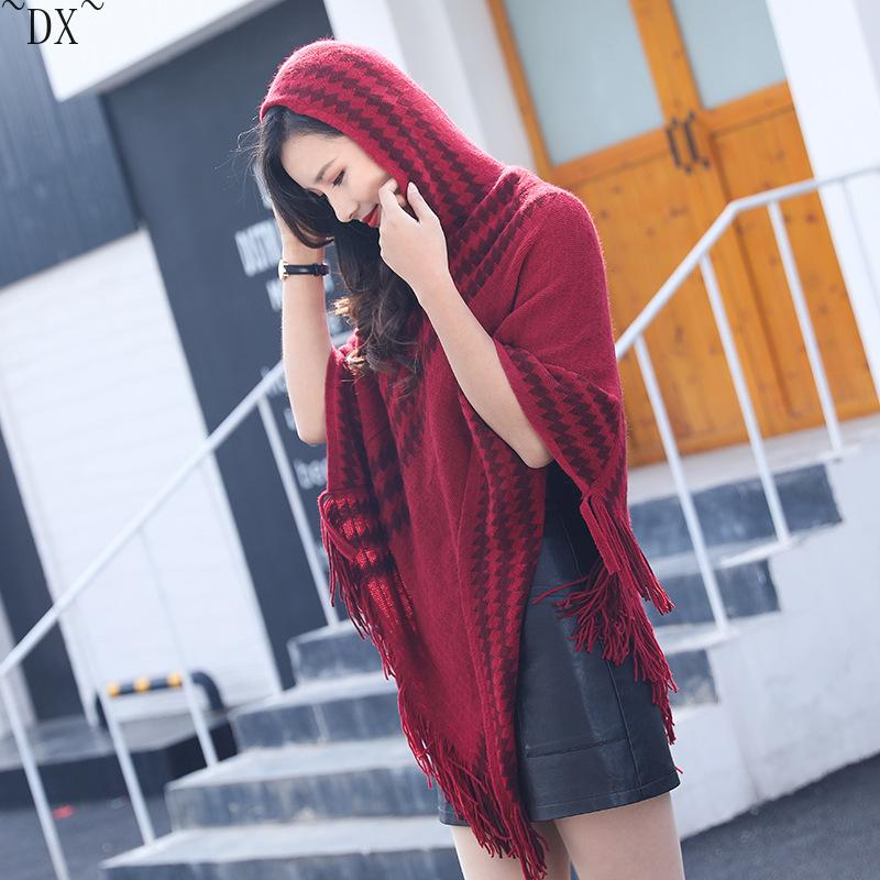 DX~~ осенне-зимний новый вязаный кашемировый плащ из тонкой шерсти, шаль с капюшоном, черно-белая шаль с геометрическим рисунком, соответствующая цвету