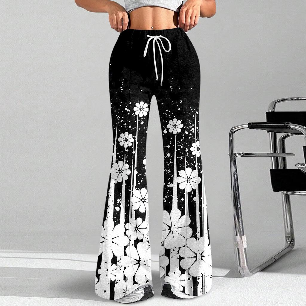 Women's Fashion Loose Drawstring Waist Floral Print Casual Sports Pants Casual Flared Pants