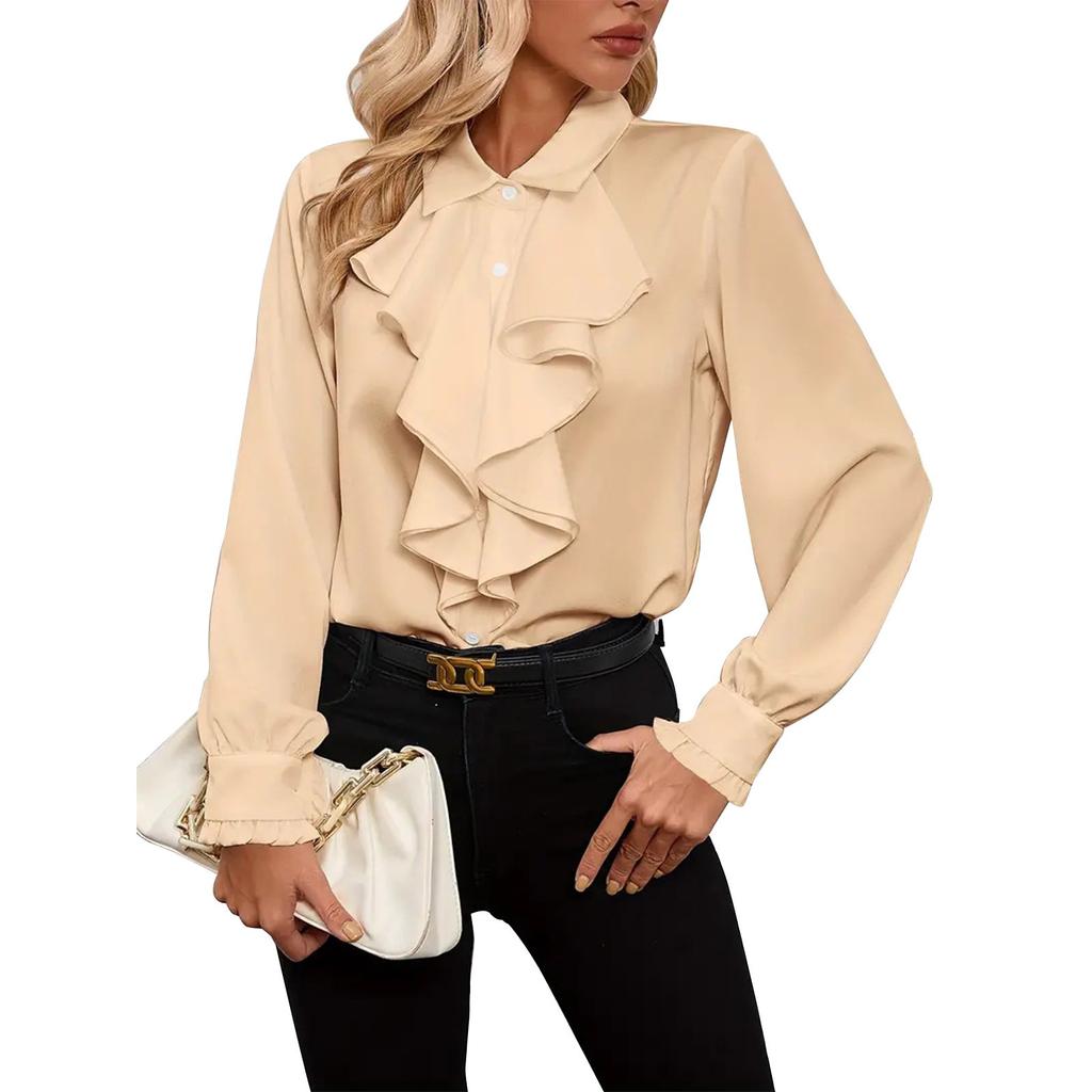Women's Loose Casual Solid Color Ruffle Edge Shirt Long Sleeved Shirt Fashionable Shirt