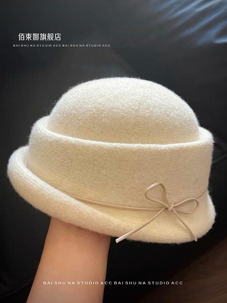 Black wool top hat beret women's new autumn and winter French Hepburn style foreign hat bucket hat