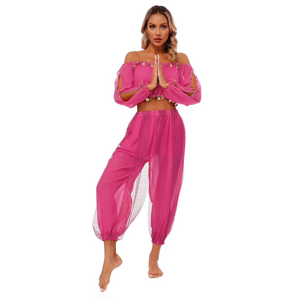 Женский наряд для танца живота для выступления на Хэллоуин, карнавальный костюм с длинными рукавами и открытыми плечами, укороченный топ с брюками с блестками