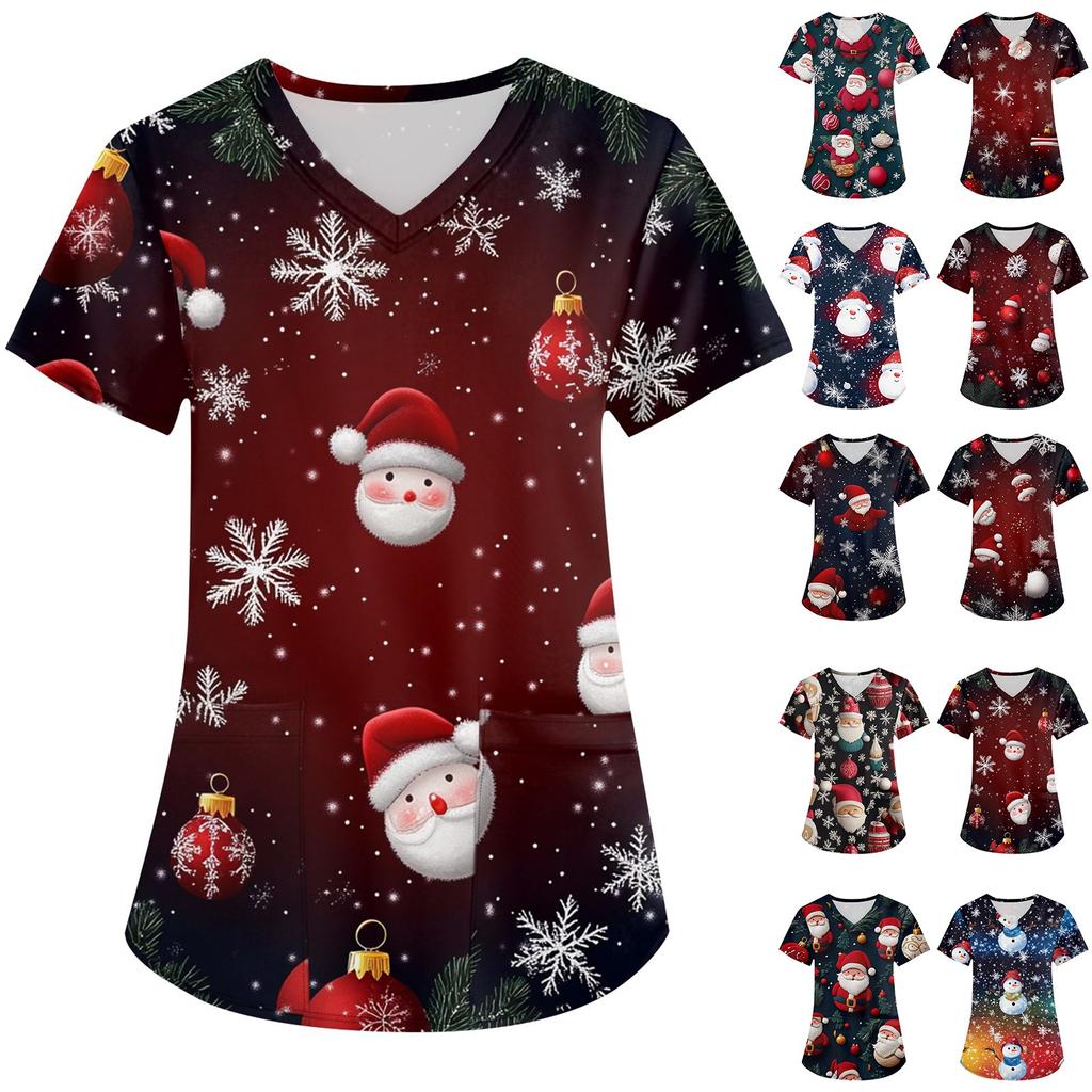 Women's Fashion V-neck Short Sleeve Workwear With Pockets Christmas Printed Tops