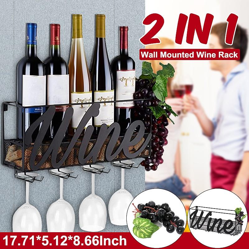 Black Wall Mounted Wine Rack Bottle Store Champagne Shelf With 4 Built-in Wine Glass Holders And Extra Cork Tray 45x13x22cm