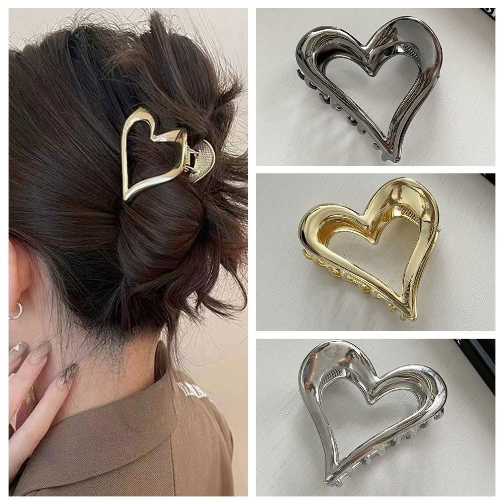 Y2k Love Heart Metal Hair Claw Zinc Zinc Alloy Geometric Shark Clip Sweet Ponytail Claw Clip Girl