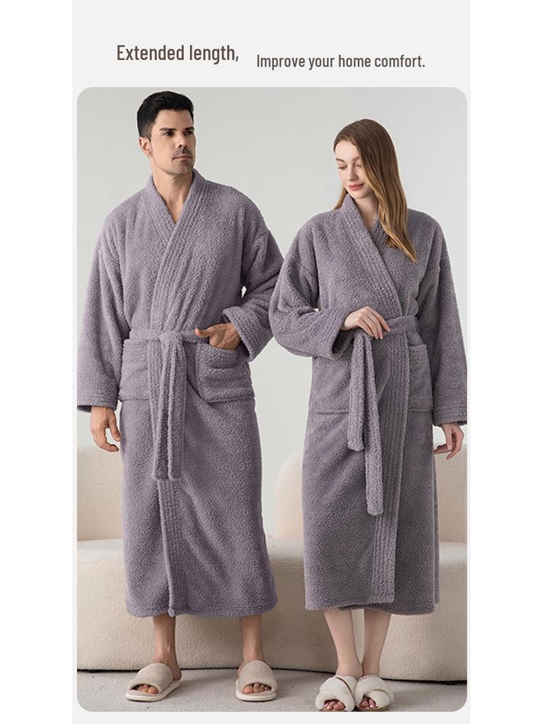 Комплект коралловых флисовых пижам для пары: Женский и мужской длинный, толстый, теплый халат для осени и зимы