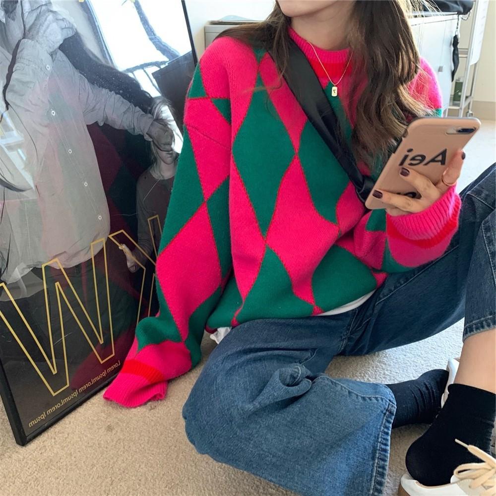 Осенние женские пуловеры, повседневный свободный свитер с длинными рукавами, модный ромбовидный узор, круглый вырез, трикотаж, зимняя теплая уличная одежда