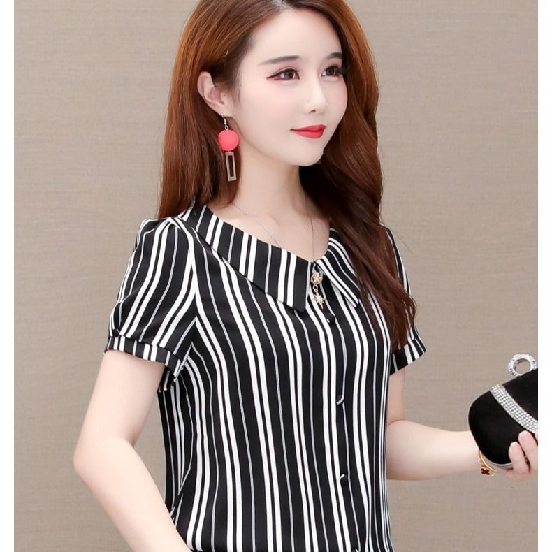 Корейская версия, полосатая рубашка с короткими рукавами, короткая блузка с кукольным вырезом, новый летний топ M-3XL