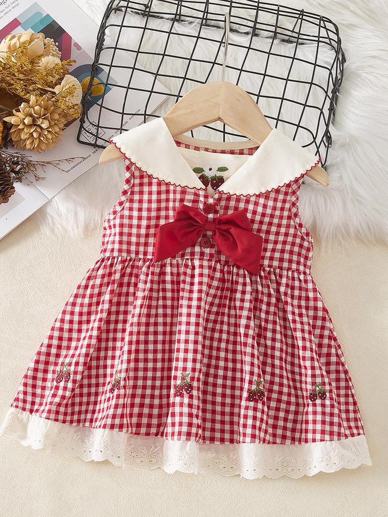 Летнее платье для девочек темно-синего цвета с вышивкой вишен на воротнике – Принцесса в стиле колледжа