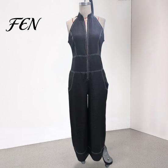 Women Jumpsuit Women's Sleeveless Jumpsuit, Zip Up Stand Collar Wide Leg Relaxed Fit Pants Rompers, Casual Summer One Piece Outfits with Pockets Loose